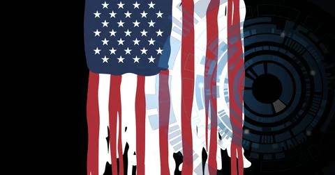 Displaying vertical US flag dripping over HUD rings against black field, with Stock Illustration