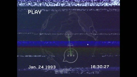 Displaying VHS timecode PLAY rotating globe icons linking to tower by green red Video stock 312758487