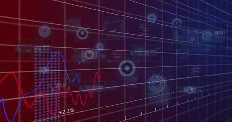 Displaying virtual analytics dashboard in control room, 3D grid, red or blue Stock Illustration