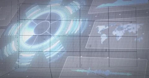Displaying virtual console showing grid overlay with holographic chart, world Stock Illustration