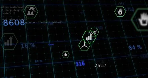 Displaying virtual control-panel showing green hexagon icons over 3D grid with Stockillustratie