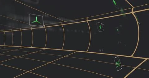 Displaying virtual corridor with gold grid, curved segmented arches, and Stock Illustration