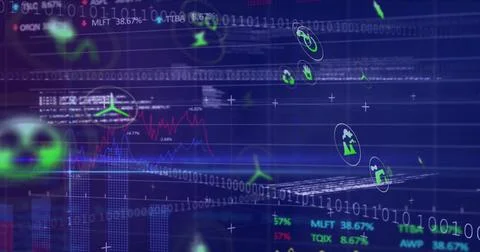 Displaying virtual dashboard showing red blue line graphs, bar charts, binary Stockillustratie