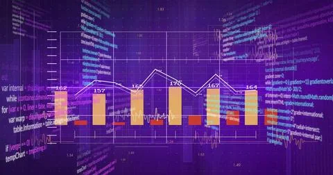 Displaying virtual dashboard showing six bars with numeric labels, line graph Illustrazione stock