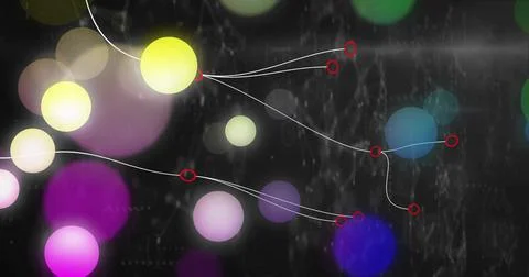 Displaying virtual data visualization showing colored orbs connecting by white Stock Illustration