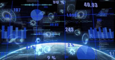 Displaying virtual holographic data dashboard over Earth, with bar graphs, pie Stock Illustration