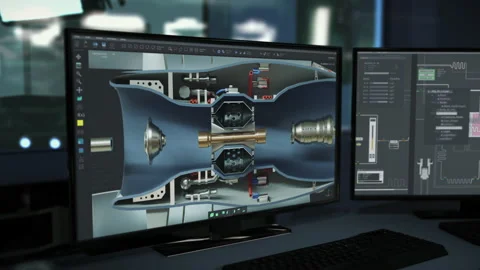 Displaying the virtual projection of the multiple heavy turbine mechanisms Stock Footage 224706736