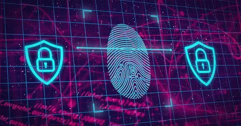 Displaying virtual security interface scanning fingerprint icon in neon grid Stock Photos