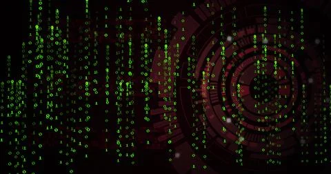 Displaying virtual system showing cascading green binary code in cyberspace, Illustrazione stock