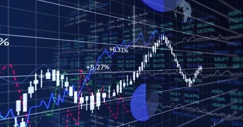 Displaying virtual trading interface showing chart with candlestick bars and 스톡 일러스트
