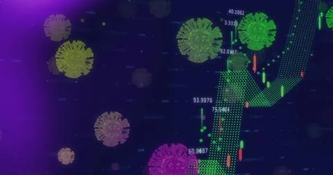 Displaying virus icons, data labels with green dotted arrow moving above Stock Photos