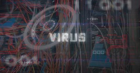 Displaying VIRUS overlay infiltrating data center rack, with network cables and 스톡 사진