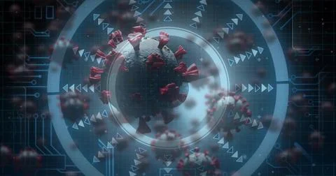Displaying virus particle floating within lab interface, with red spikes, data Stock Illustration