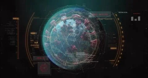Displaying virus sphere spinning in digital hologram, with spike proteins, Stock Illustration