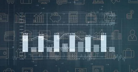 Displaying visualization on blue grid, with bar chart line graph waveforms an Stock Photos