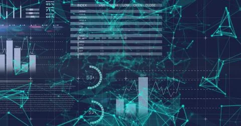 Displaying visualization on blue interface, with network mesh, bar charts, Illustrazione stock