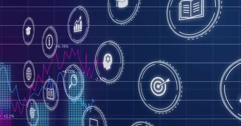 Displaying visualization in dashboard with interface icons, world map and pink, Illustrazione stock