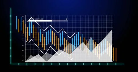 Displaying visualization on digital dashboard, featuring vertical bar, line and Ilustración de archivo