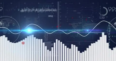 Displaying visualization interface at control hub, featuring bar chart sine wave Stock Illustration