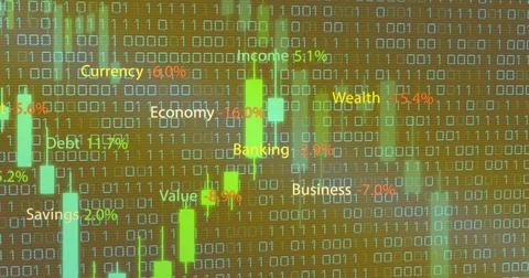 Displaying visualization on screen with candlestick bars, binary stream, colored Foto stock