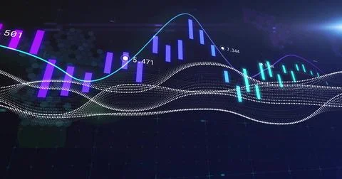 Displaying visualization in virtual space, with purple cyan 3D bar charts and Illustrazione stock