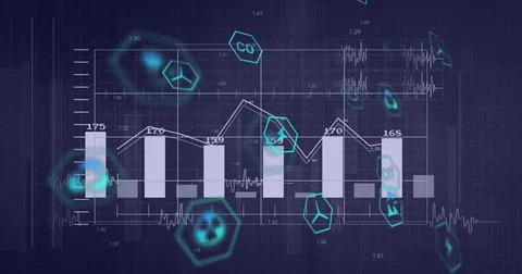 Displaying visuals on virtual dashboard with white bar chart, line graph, teal Illustrazione stock