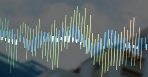 Displaying vivid vertical-bar waveform stretching across blurred room interior, Stock Illustration