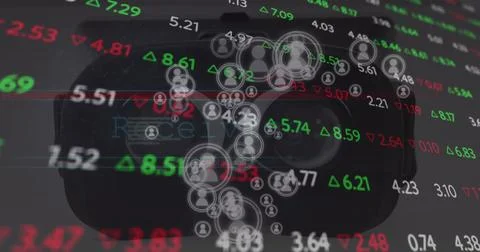 Displaying VR headset with stock tickers green red arrows and user icons in Stock Photos