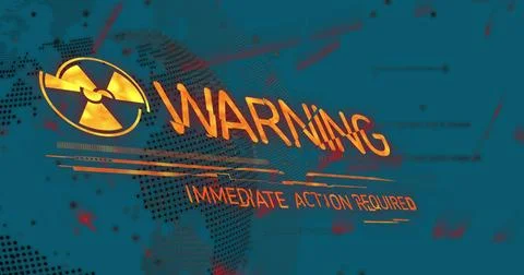 Displaying warning interface on holo UI, with WARNING text, radiation symbol and Stock Illustration