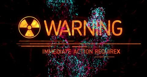 Displaying warning text glowing in control panel, with data bars, radiation icon Stock Illustration
