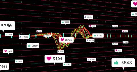 Displaying waveform on analytics dashboard, with bubble labels and thumbs-up, Stock Illustration