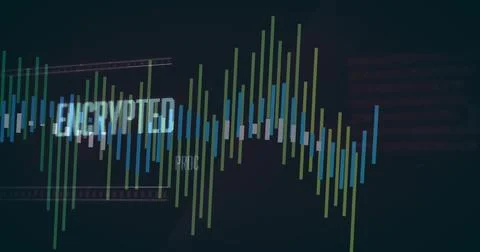 Displaying waveform bars pulsing on digital dashboard, showing ENCRYPTED label Illustrazione stock