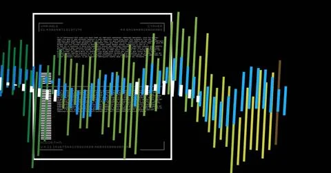 Displaying waveform on black screen, showing colorful bars, white strip, code 库存照片