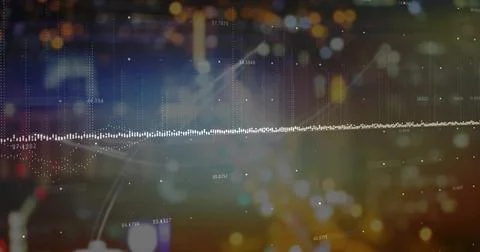 Displaying waveform chart moving across nighttime cityscape, with circular 스톡 사진