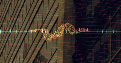 Displaying waveform chart on shaded wall with red grid lines, teal candlestick 스톡 일러스트