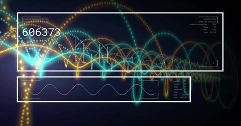 Displaying waveform HUD in digital display with dotted teal amber arcs, two Stock Illustration