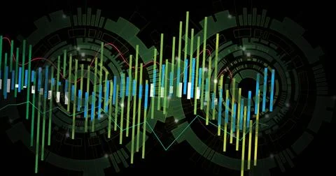 Displaying waveform in interface, with bars, translucent concentric gears and Stock Illustration