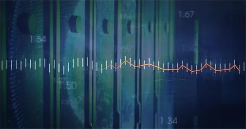 Displaying waveform line spanning data dashboard with green bars, globe outli Stock Photos