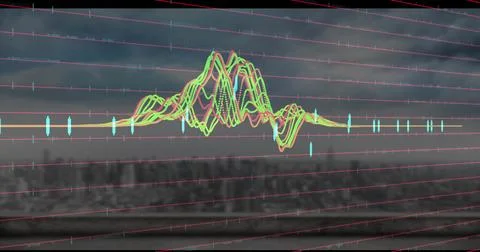 Displaying waveform over skyline at dusk, with pink gridlines, multicolored Stock Illustration