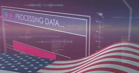 Displaying wavy US flag across lower frame in digital backdrop, showing 库存插图