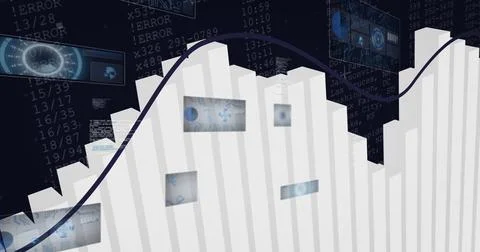 Displaying white 3D bar chart rising in virtual dashboard, with blue line, data Stock Photos