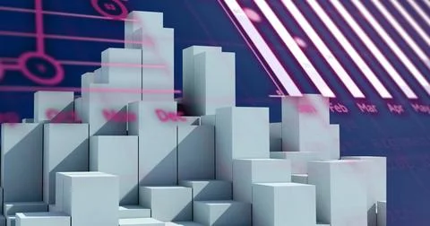 Displaying white 3D cube pyramid rising in digital render with circuit lines, Stock Photos