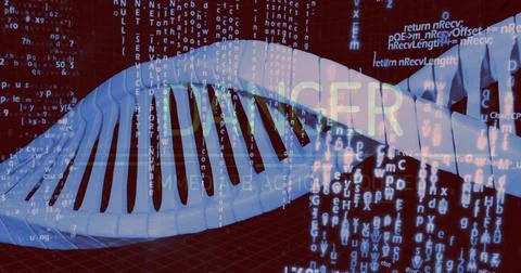 Displaying white 3D DNA double helix crossing virtual lab backdrop, showing code Illustrazione stock
