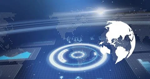 Displaying white 3D globe over digital grid floor with world map overlay, HUD, Ilustração Stock