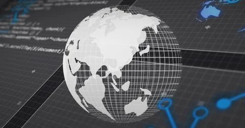 Displaying white 3D globe rotating above dark grid plane, showing lat or long Stock Illustration