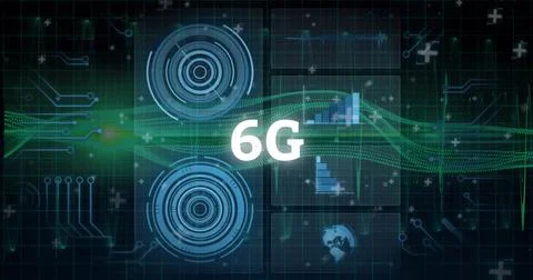 Displaying white 6G label floating over virtual interface, with green waveform Stock Illustration