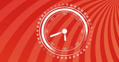 Displaying white analog clock dominating red poster, showing rings, square Stock Photos