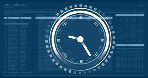 Displaying white analog clock graphic overlaying terminal, showing redacted Stock Photos