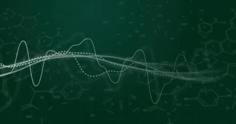 Displaying white and light-gray waveform ribbons flowing across dark green grid, Stock Illustration