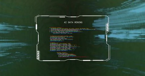 Displaying white angular HUD frame glowing in virtual data tunnel, showing AI Stock Photos